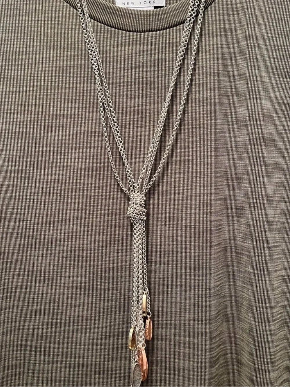 Long Multi Strand Silver Lariat Necklace Mixed Metal Disc Dangle Statement